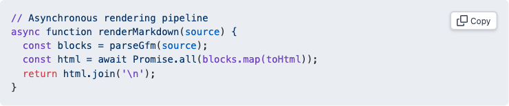 GitHub スタイルのシンタックスハイライトとコピーボタン付き JavaScript コードブロック